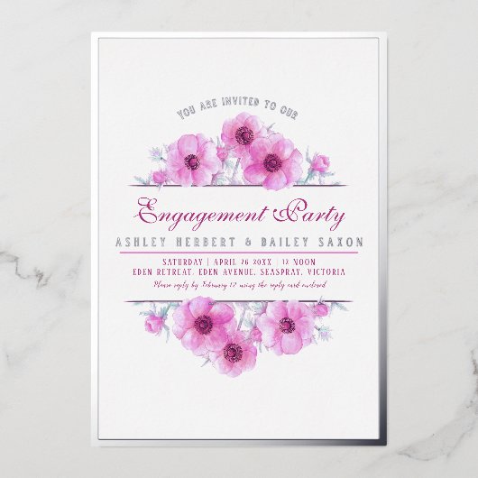 Invitation En Aluminium Fiançailles d'aquarelle à fleurs d'anémone rose (Recto)