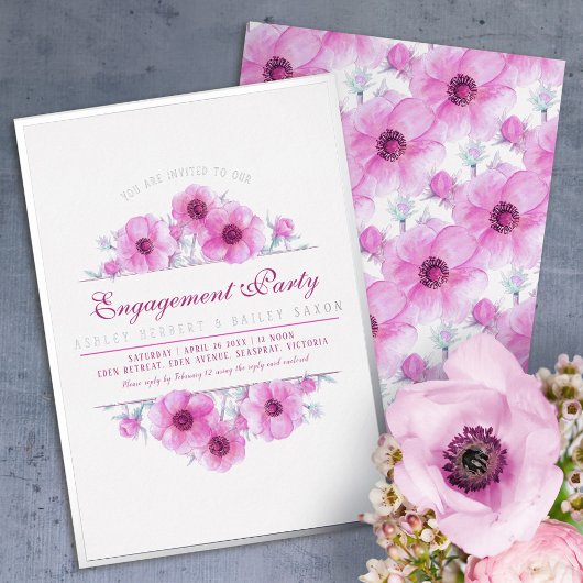 Invitation En Aluminium Fiançailles d'aquarelle à fleurs d'anémone rose