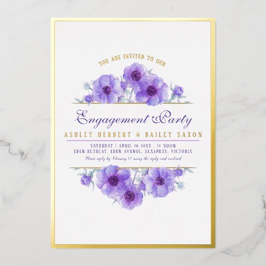 Invitation En Aluminium Fiançailles d'aquarelle fleurie d'anémone violet (Recto)