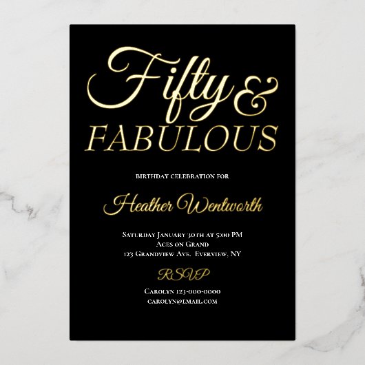 Invitation En Aluminium Fifty and Fabulous 50th Birthday Foil Script (Recto)