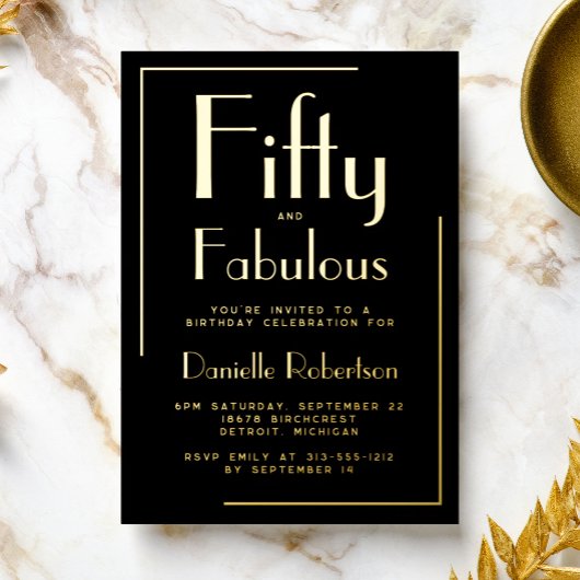 Invitation En Aluminium Fifty and Fabulous Gold Foil 50th Birthday Party