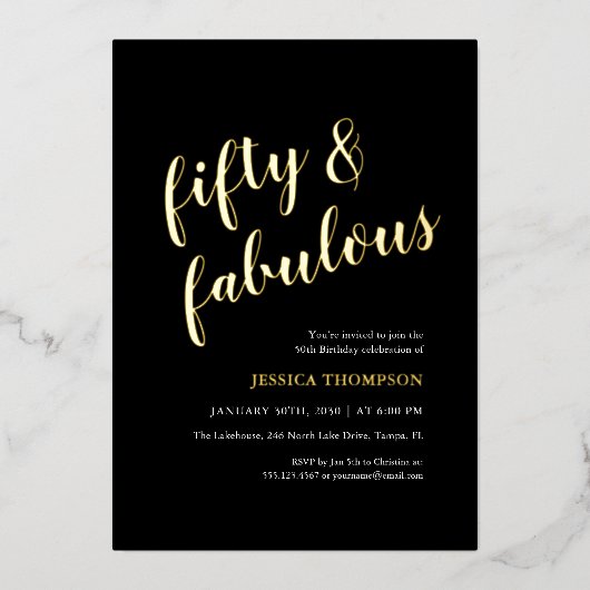 Invitation En Aluminium Fifty and Fabulous Gold Script 50th Birthday (Recto)