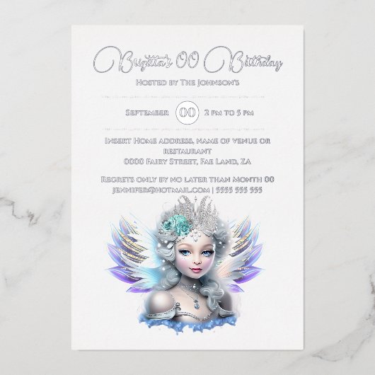 Invitation En Aluminium Fil d'argent neige fée princesse 3D bleu rose fill (Recto)
