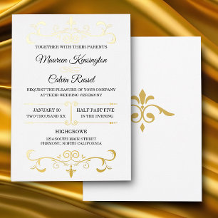 Invitation En Aluminium Filigrane doré élégant sur fond blanc, Mariage