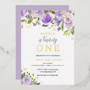 Invitation En Aluminium Fille 1er Anniversaire Aquarelle Fleurie Or Pourpr