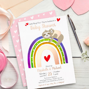 Invitation En Aluminium Fille Arc-en-Ciel de Paresseux Rose Foncé Baby Sho