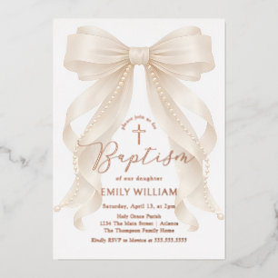 Invitation En Aluminium Fille au noeud de perles Baptême