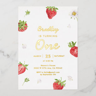 Invitation En Aluminium Fille aux fraises en feuille d'or pour son premier