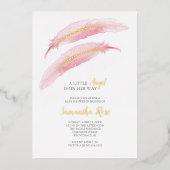 Invitation En Aluminium Fille Baby shower Aquarelle Pink Feather (Recto)