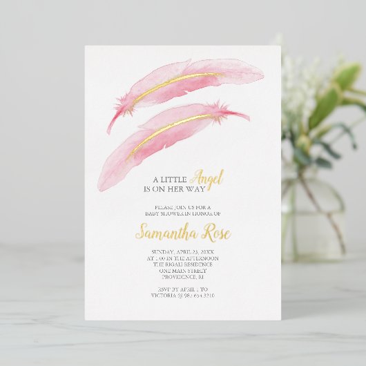 Invitation En Aluminium Fille Baby shower Aquarelle Pink Feather (Debout devant)