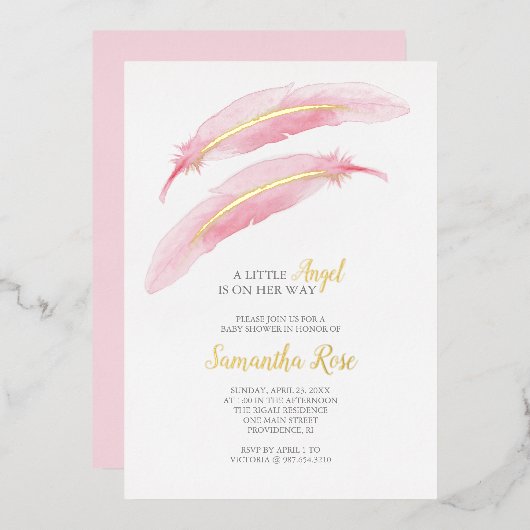 Invitation En Aluminium Fille Baby shower Aquarelle Pink Feather (Recto/Verso)