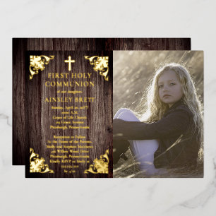 Invitation En Aluminium Fille en bois rustique Photo Première communion -