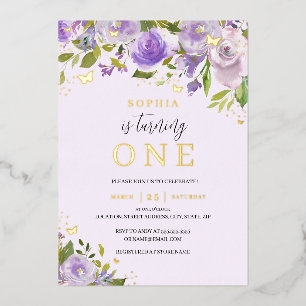 Invitation En Aluminium Fille Fleurie Aquarelle Violet Or 1er Anniversaire