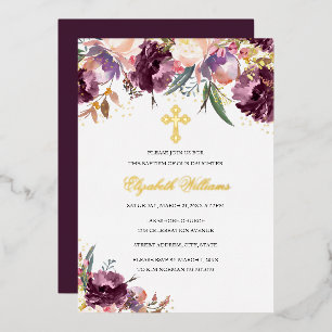 Invitation En Aluminium Fille florale de baptême à l'aquarelle or pourpre