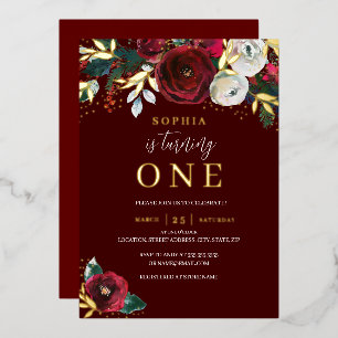 Invitation En Aluminium Fille florale de Noël rouge 1er anniversaire or