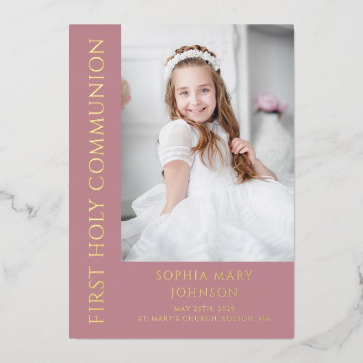Invitation En Aluminium Fille moderne Photo rose Première Sainte Communion (Recto)