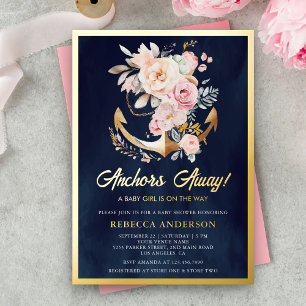 Invitation En Aluminium Fille Naissance Thème Marin Ancre Florale Navy Or