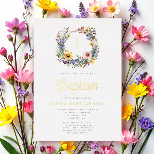 Invitation En Aluminium Fille Religieuse Florale Élégante Baptême Or