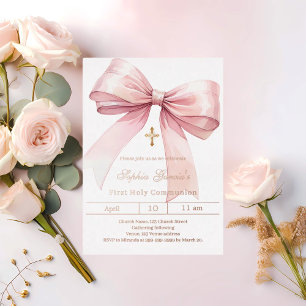 Invitation En Aluminium Fille rose à l'arc rose or Première Communion