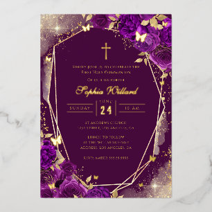 Invitation En Aluminium Fille Rose Or Violet Communion Solennelle Feuille