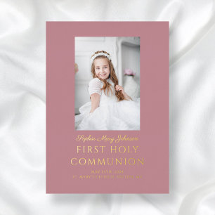 Invitation En Aluminium Fille Script Photo First Holy Communion Rose Gold