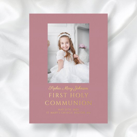 Invitation En Aluminium Fille Script Photo First Holy Communion Rose Gold