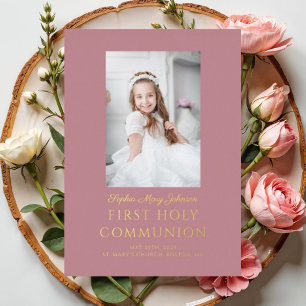 Invitation En Aluminium Fille Script Photo Première Sainte Communion Rose