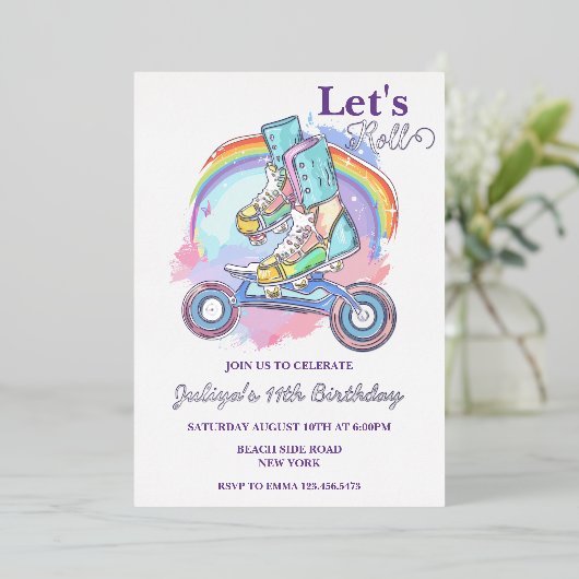 Invitation En Aluminium Filles Roller Patinage violet fête d'anniversaire (Debout devant)