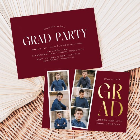 Invitation En Aluminium Film moderne Bourgogne 6 Photo Graduation Party