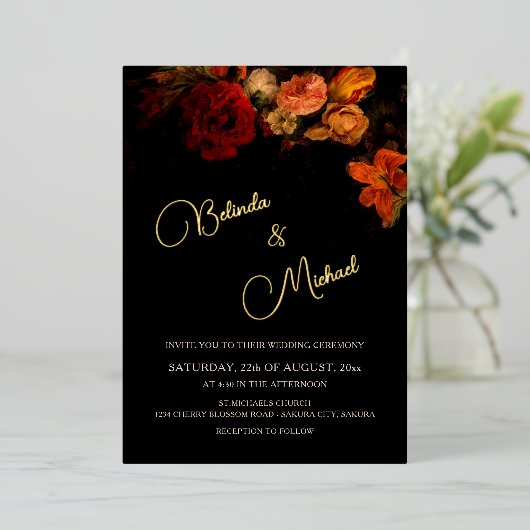 Invitation En Aluminium Fine Art Flowers Dark Wedding (Debout devant)