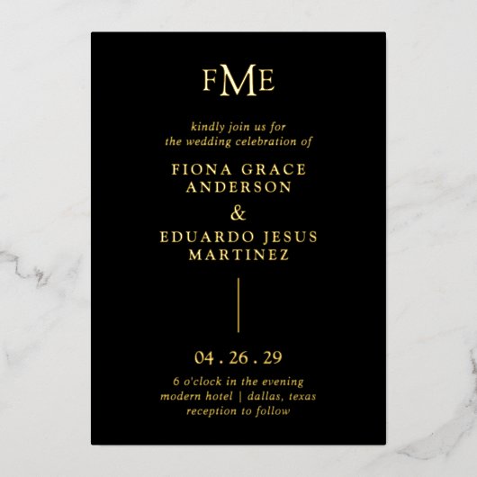 Invitation En Aluminium Fiona Black Bold Monogramme Mariage moderne (Recto)