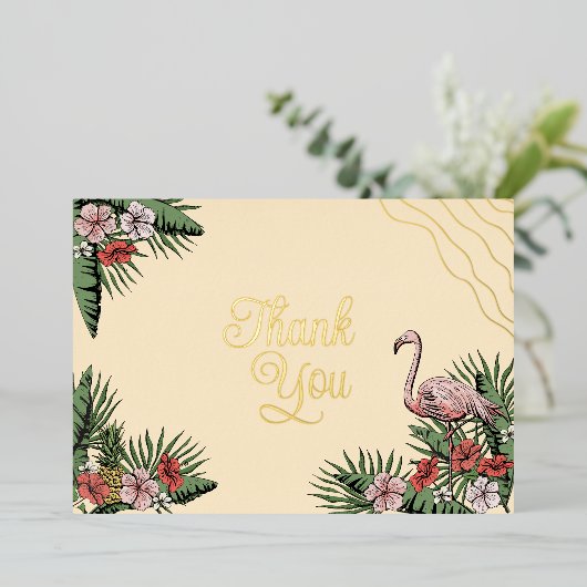 Invitation En Aluminium Flamant rose hawaïen et Hibiscus Merci d'or jaune (Debout devant)