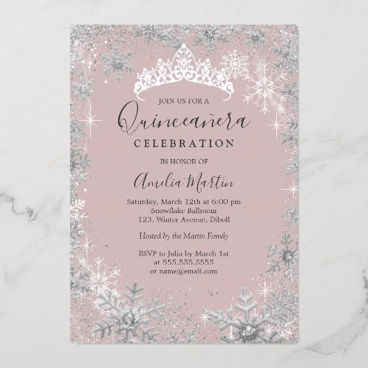 Invitation En Aluminium Fléau de neige blanc Silver Quinceanera (Recto)