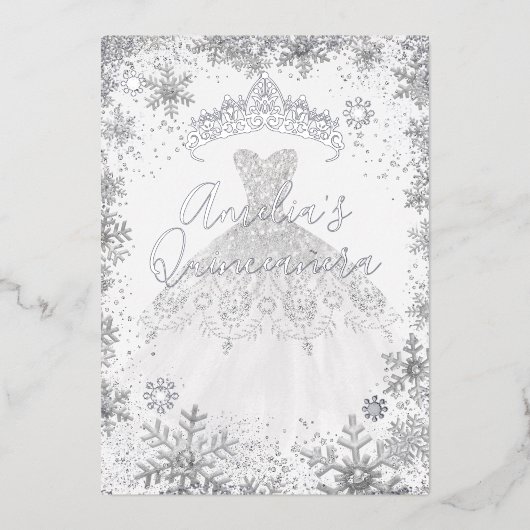 Invitation En Aluminium Fléau de neige en argent d'hiver Quinceanera blanc (Recto)
