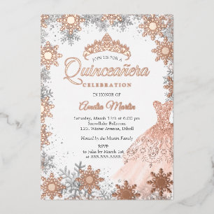 Invitation En Aluminium Fléau de neige rose Gold Winter Quinceanera