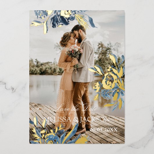 Invitation En Aluminium Fleur bleue délicate et or Save the Date (Recto)