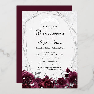 Invitation En Aluminium Fleur Bourgogne Argent Tiara Quinceanera