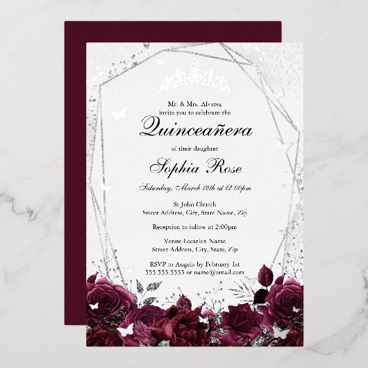 Invitation En Aluminium Fleur Bourgogne Argent Tiara Quinceanera (Recto/Verso)