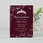 Invitation En Aluminium Fleur Bourgogne argentée Quinceanera (Debout devant)