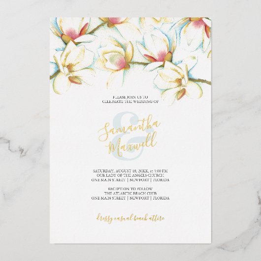 Invitation En Aluminium Fleur d'aquarelle Magnolia blanc Mariage Foil Invi (Recto)