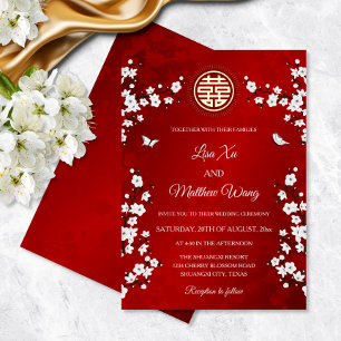 Invitation En Aluminium Fleur de cerisier blanc Mariage chinois rouge