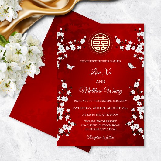 Invitation En Aluminium Fleur de cerisier blanc | Mariage chinois rouge