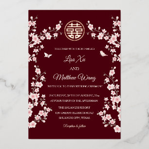 Invitation En Aluminium Fleur de cerisier rose poussiéreuse Mariage chinoi