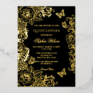 Invitation En Aluminium Fleur de papillon de Quinceañera en or noir