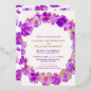 Invitation En Aluminium Fleur de pensée aquarelle violette mariage or