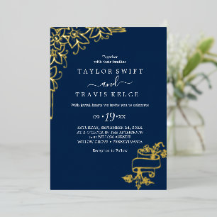 Invitation En Aluminium Fleur dorée Devant et dos de mariage en feuille