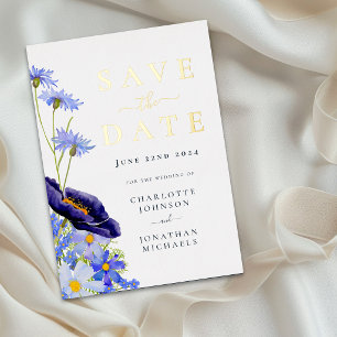 Invitation En Aluminium Fleur Élégante de Fleur Sauvage Bleue pour Mariage