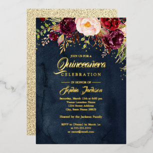 Invitation En Aluminium Fleur en feuille d'or Burgundy Navy Or Quinceanera