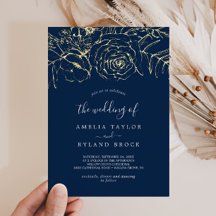 Invitation En Aluminium Fleur Gildée Noces de feuille d'or bleu marine
