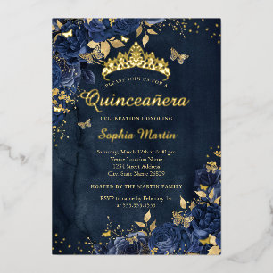 Invitation En Aluminium Fleur papillon de marine Élégante Quinceanera d'or